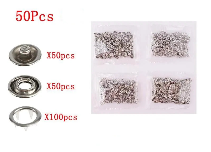 Stainless steel five claw no-sew clothing buttons with press pliers tool for garment repairs