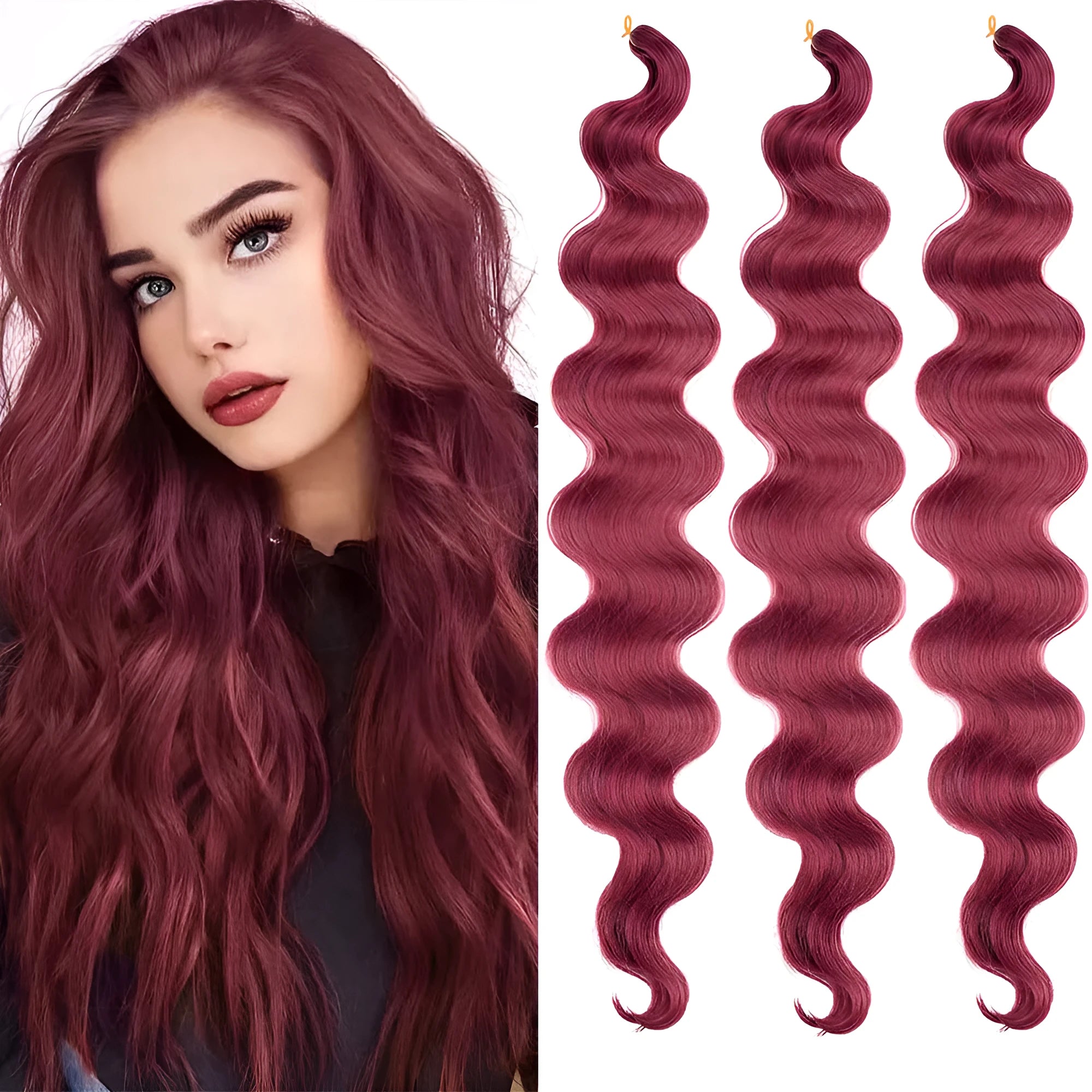Wine red synthetic crochet braid hair extensions with large wave texture, 24 inches long
