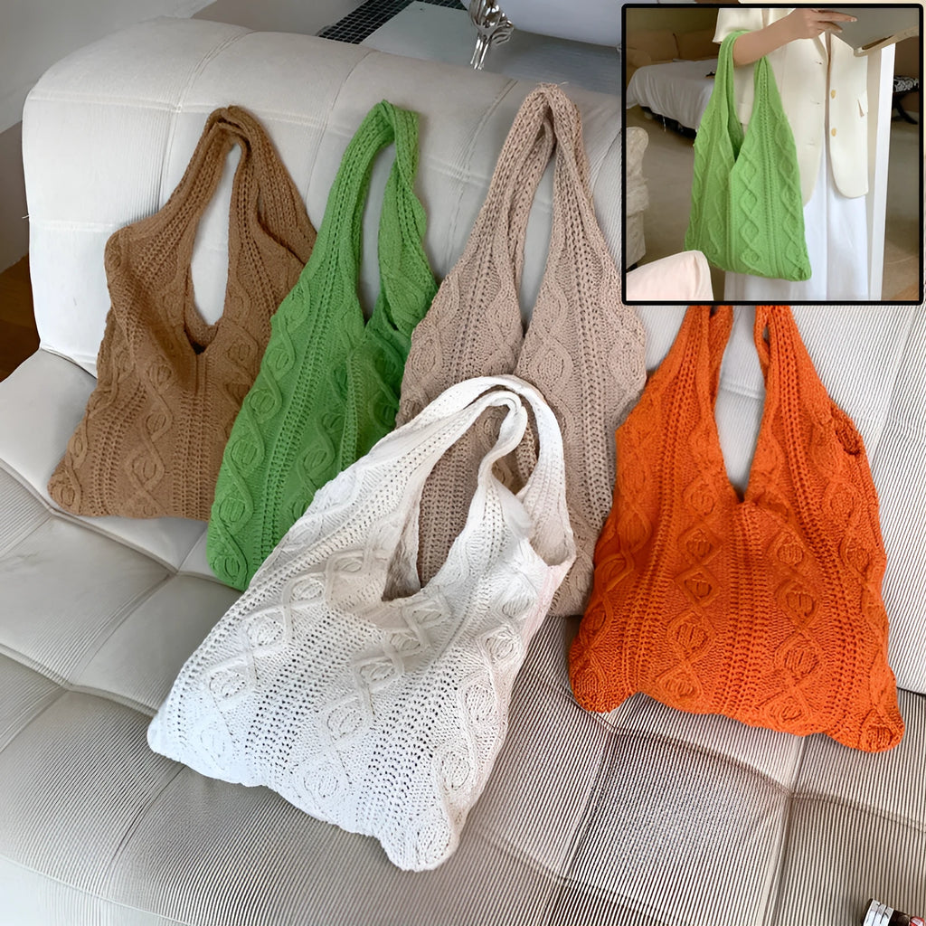 Large retro hollow knitted wool tote bag in a solid colour with double shoulder straps.