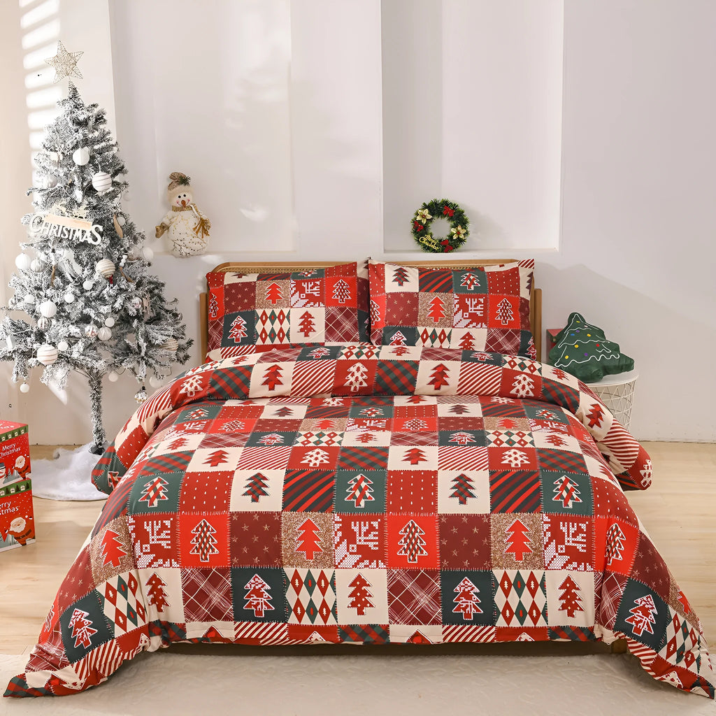 Christmas red plaid pattern bedding three-piece set showing quilt cover and matching pillowcases