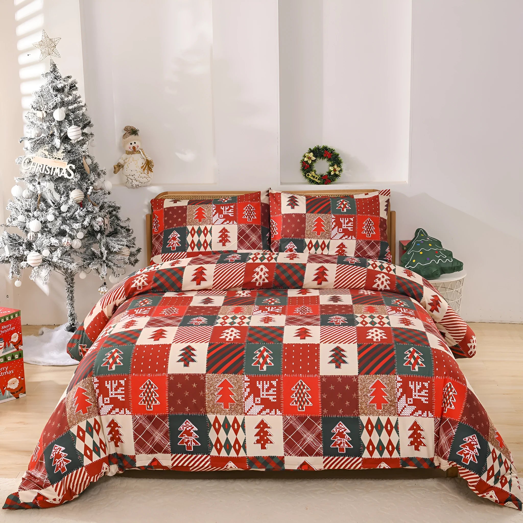 Christmas red plaid pattern bedding three-piece set showing quilt cover and matching pillowcases