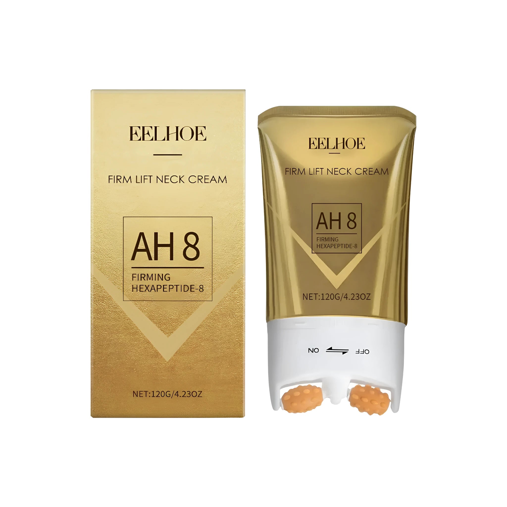 A jar of 120g firm lift neck cream with peptide and ceramide formula.