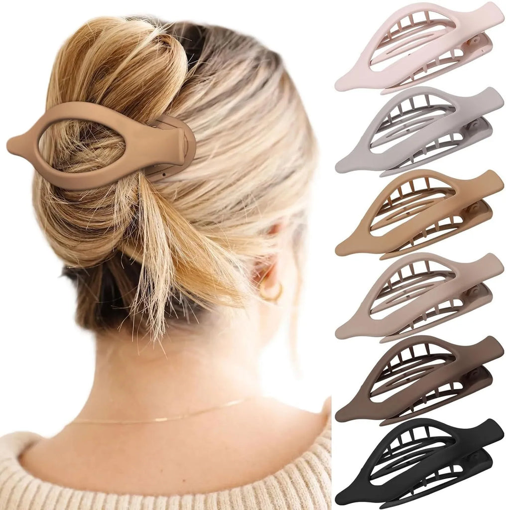 Six rose red plastic hair clips with frosted grip and pointed toe design on white background