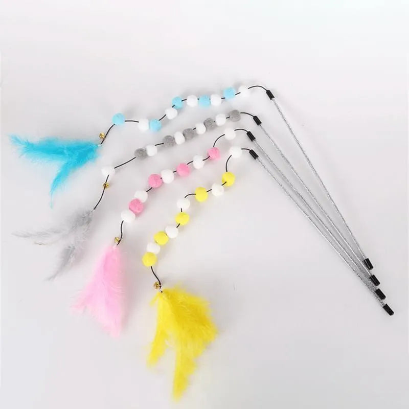 31cm long cat teaser interactive toy rod with bell and pompon feather attachments