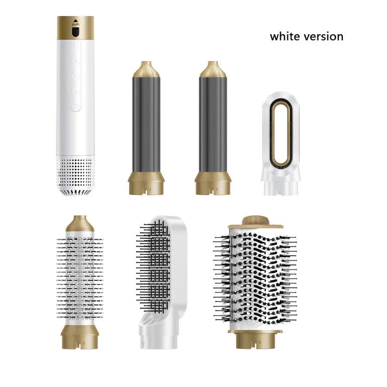 Hot air comb with six styling attachments in leather case, dark blue or white colour options