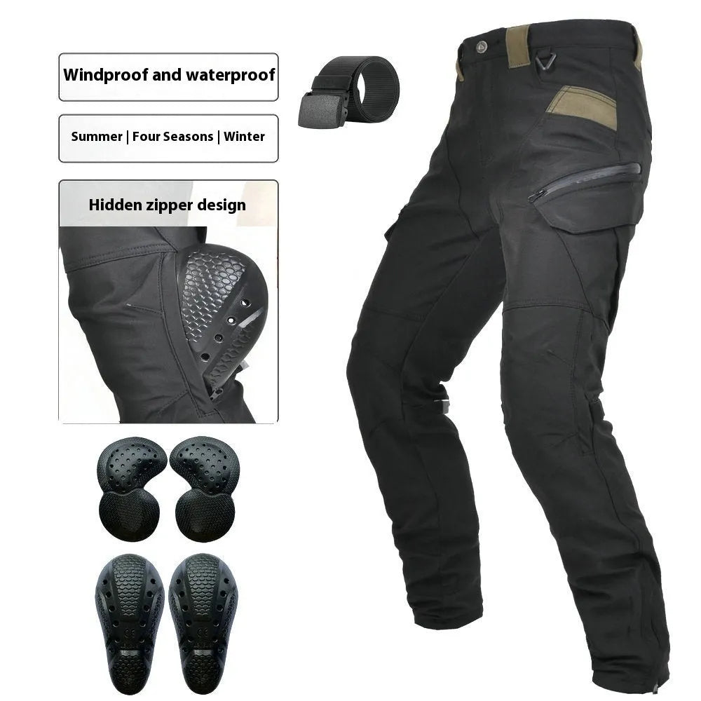 Man's black waterproof motorcycle cycling pants with adjustable belt laid flat.