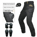 Man's black waterproof motorcycle cycling pants with adjustable belt laid flat.