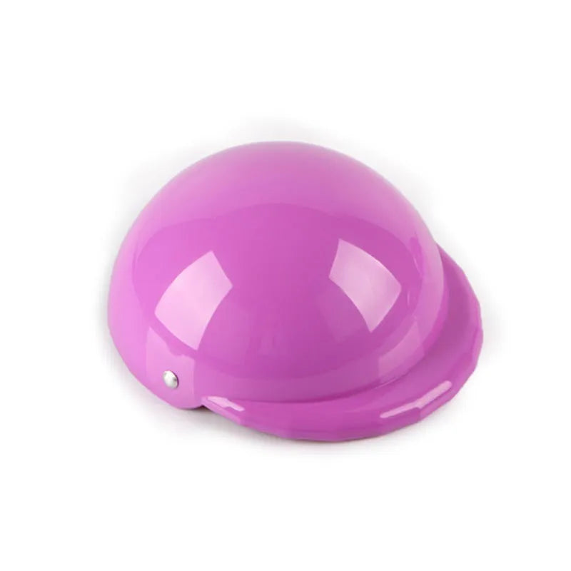 A solid colour plastic motorcycle-style helmet for a dog, shown in one of seven available colours.