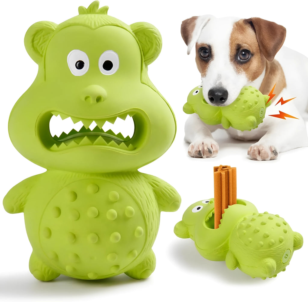Green and yellow natural rubber dog toy for aggressive chewers with squeaker and treat hole.