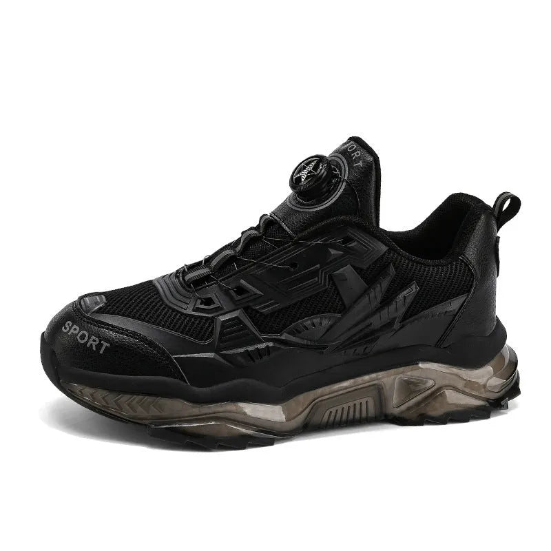Men's black rotating button dad shoes with platform heel and mesh upper