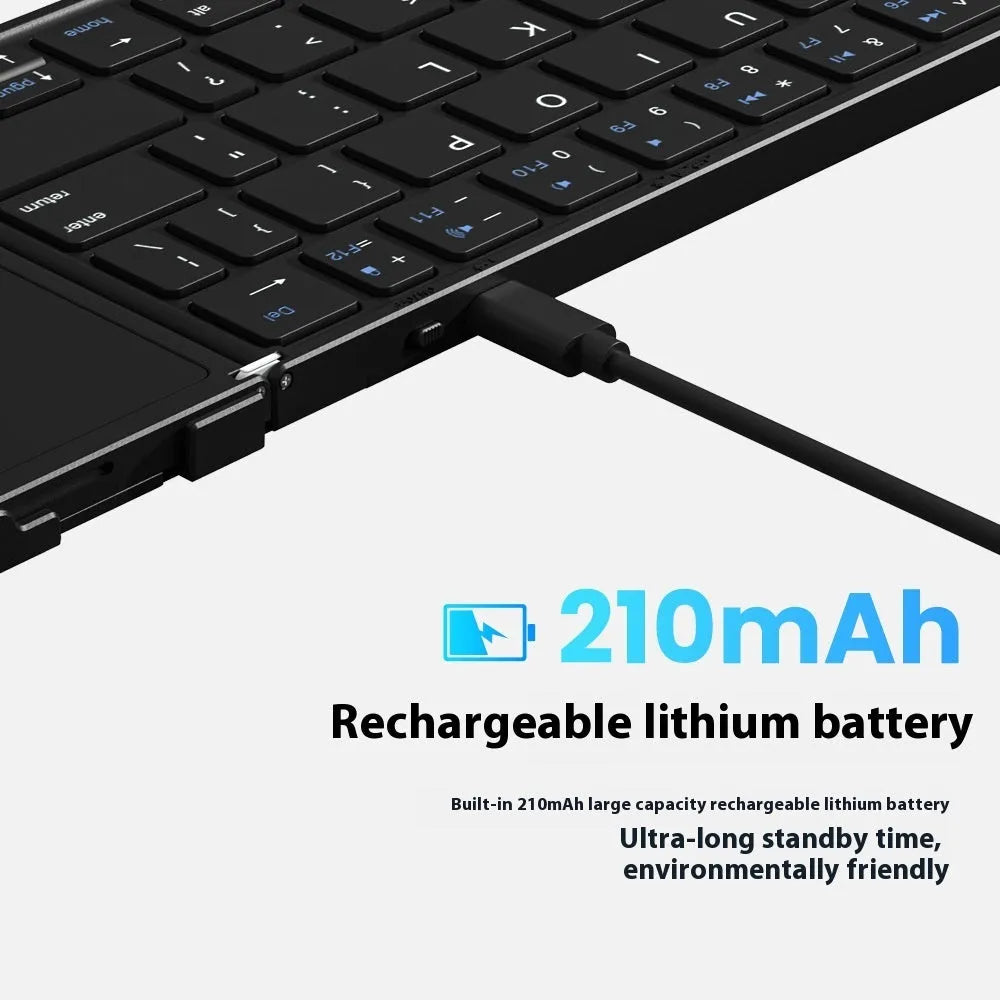 Black folding Bluetooth keyboard for mobile phones and tablets showing folded and unfolded positions