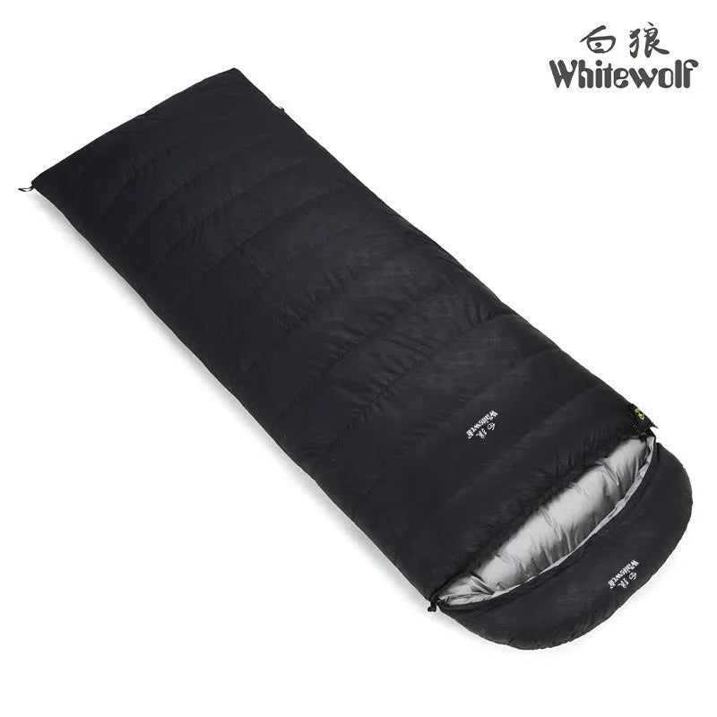 Black outdoor sleeping bag with envelope design for adult camping.