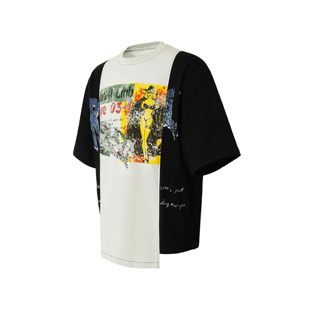 Broken collage deconstruction printed cotton blend t-shirt with black and white stitching design