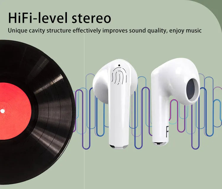 White wireless Bluetooth earphones with a semi in ear design and a matching charging compartment case.