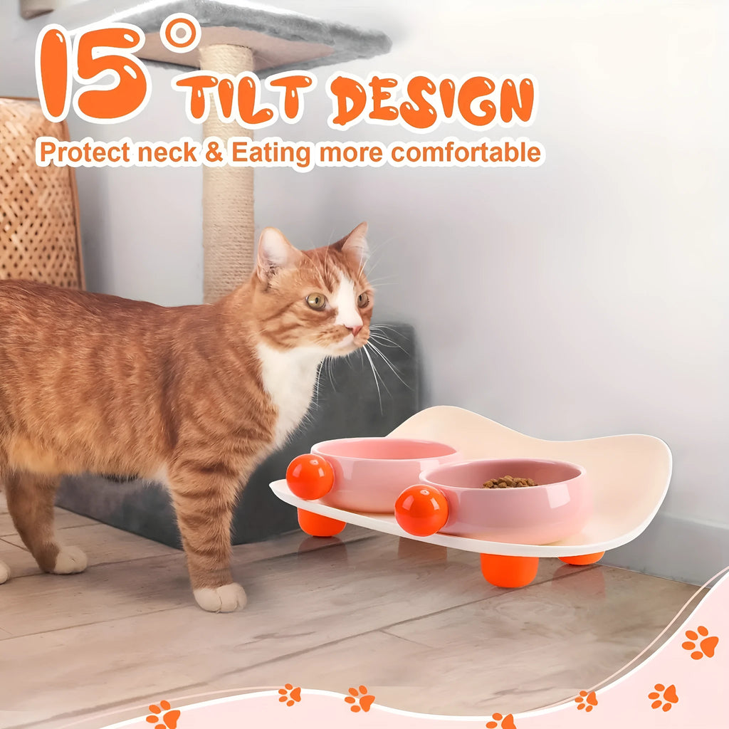 Raised ceramic dual pet feeding bowl in pink, yellow, or pink yellow with non-slip base