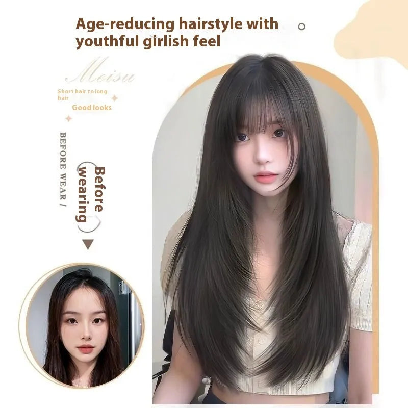 Women's full-head wear-free wig with long straight high layered black synthetic hair