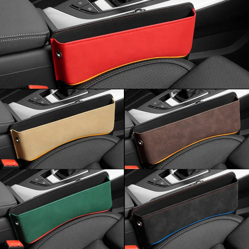 Leather car seat storage box in a choice of five colours on a car rear seat.