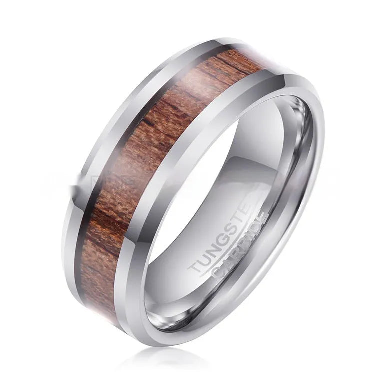 Ugyen men's tungsten ring with wood and leather inlay in 8mm width on a hand.