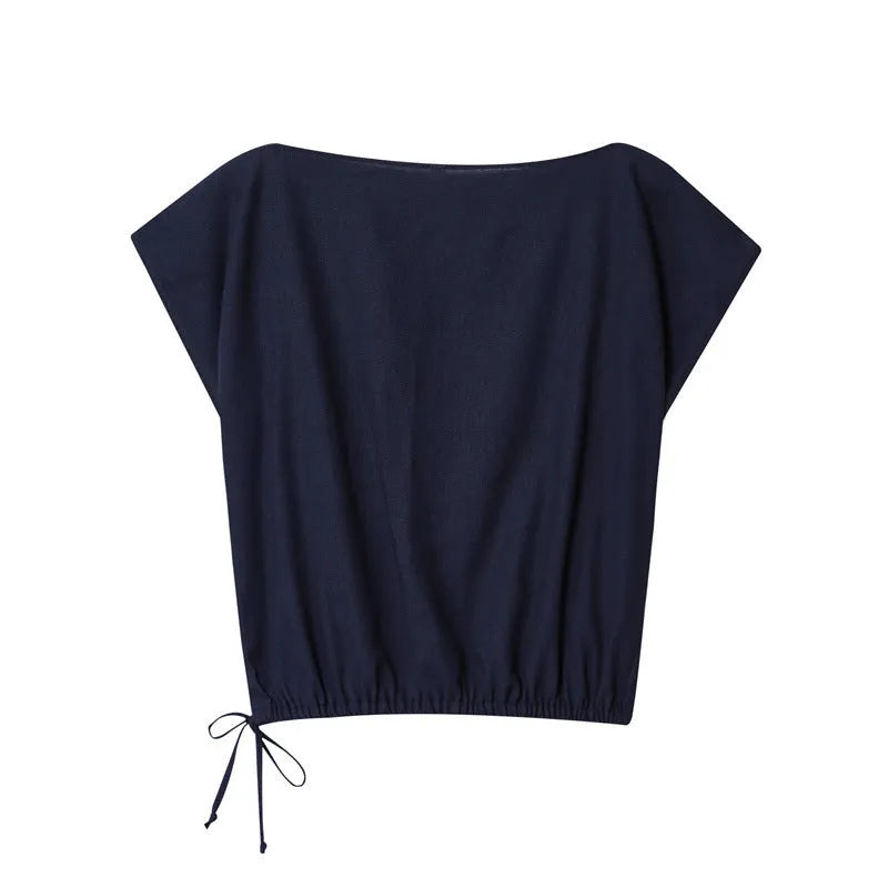 Women's linen blend co-ord set with off-neck flounced sleeve top and matching wide leg trousers