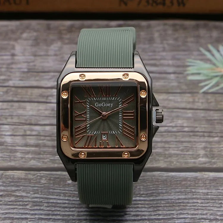 Square men's tape watch with Roman scale, white dial, black strap, 11mm thickness