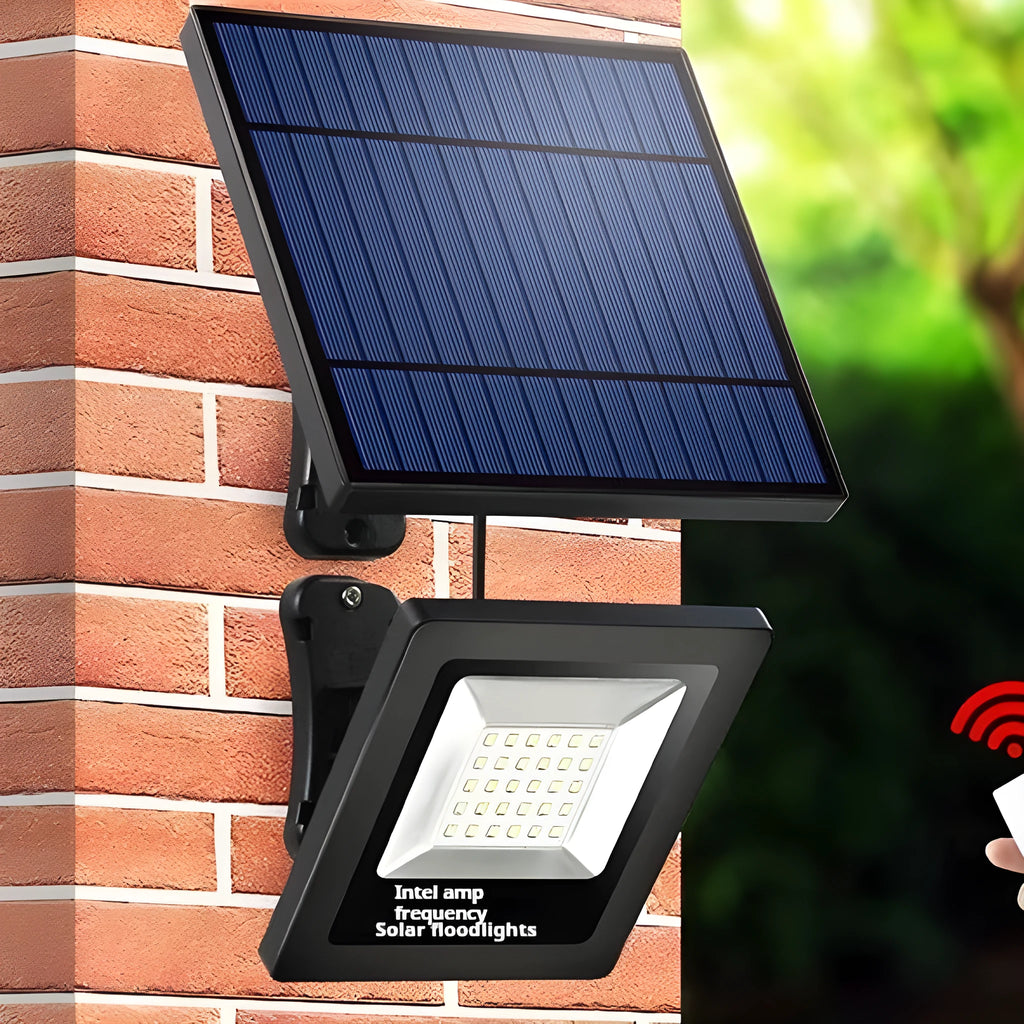 Outdoor waterproof solar LED garden light with IP65 rating shown in a courtyard setting.