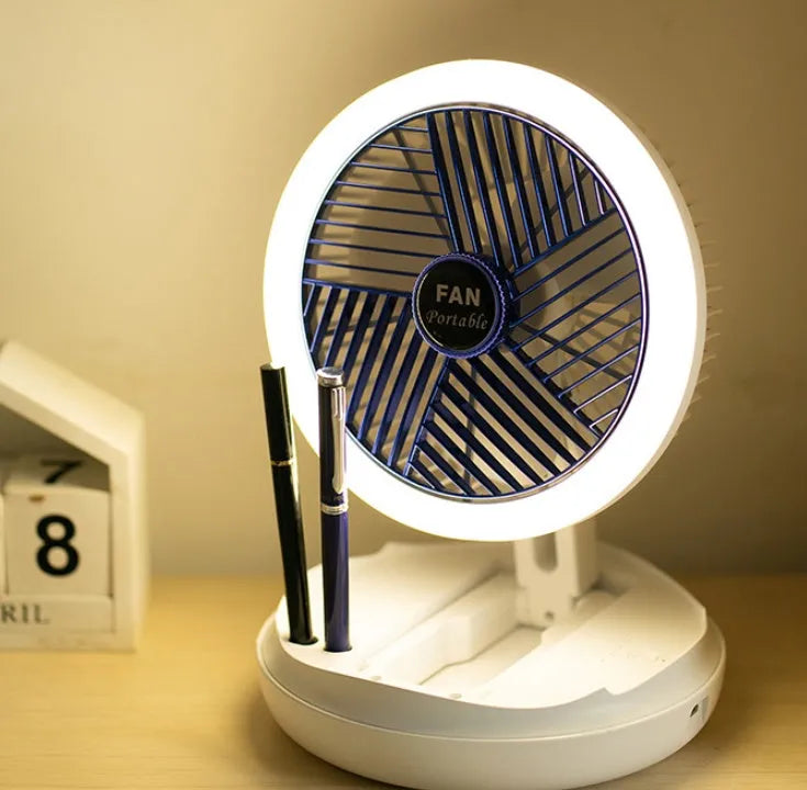 Blue or grey USB charging foldable table fan with LED light in desk, wall, ceiling or hanging configuration