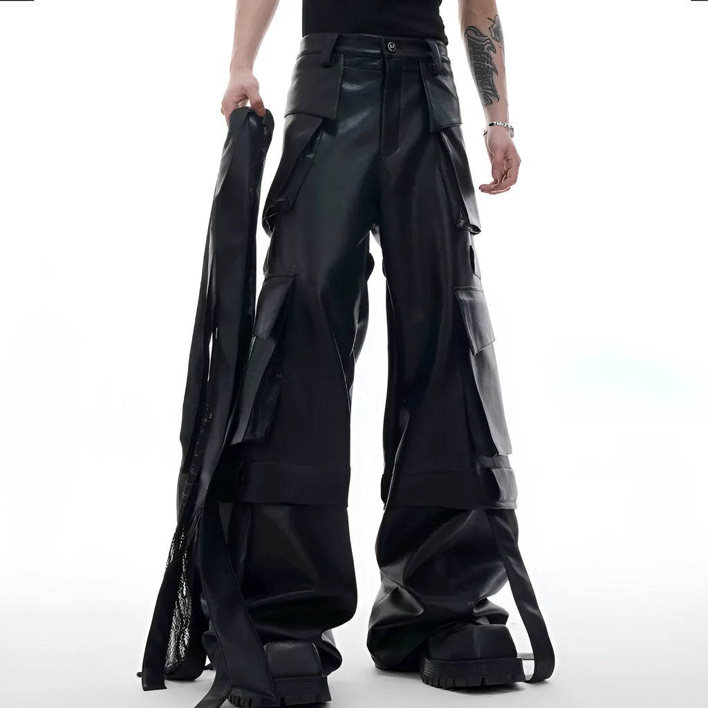 Black loose-fit retro trousers with quilted panels and multi-pocket stitching detail.