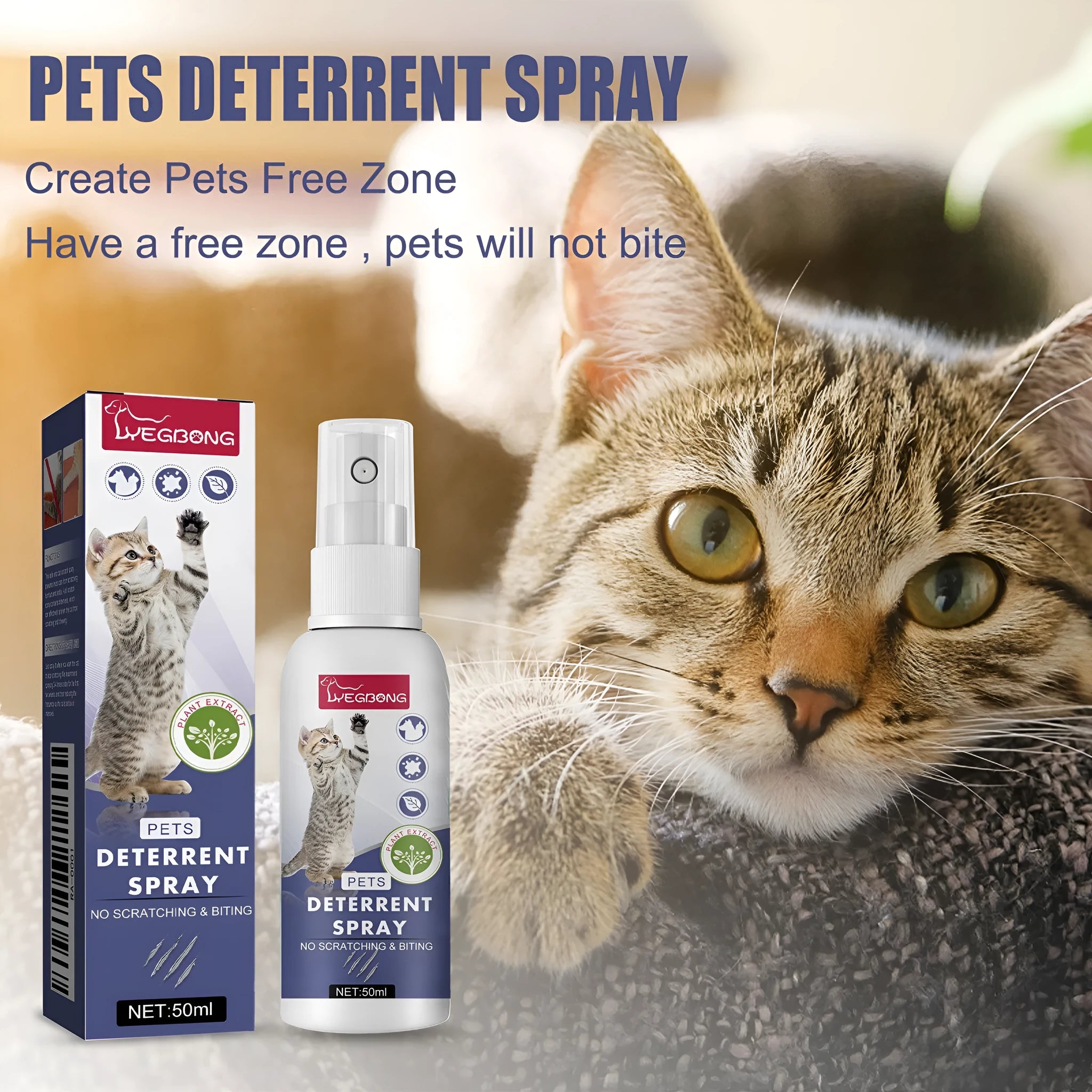 Boxed 50ml pet repellent spray bottle for deterring scratching by dogs and cats.