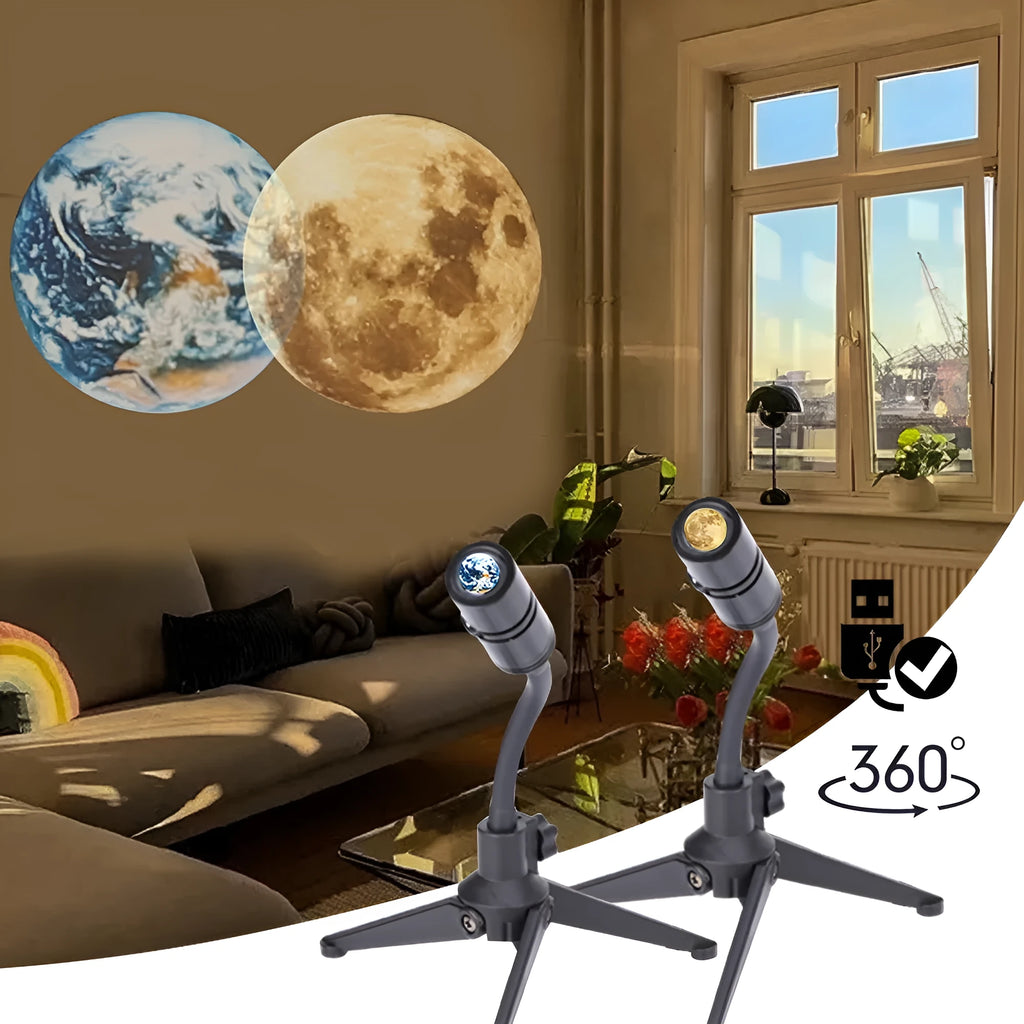 Earth and moon projection lamp with adjustable bracket on wooden surface