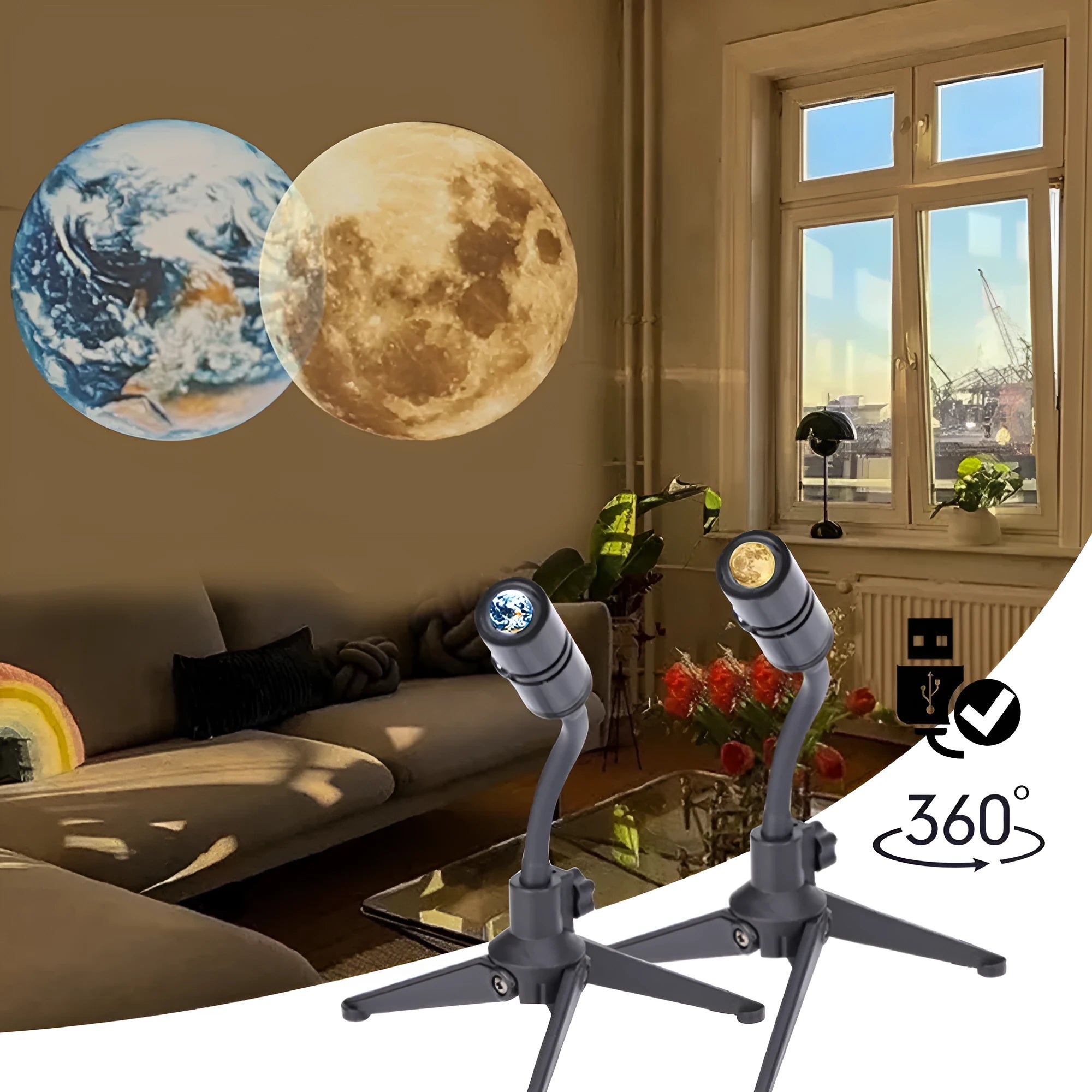Earth and moon projection lamp with adjustable bracket on wooden surface