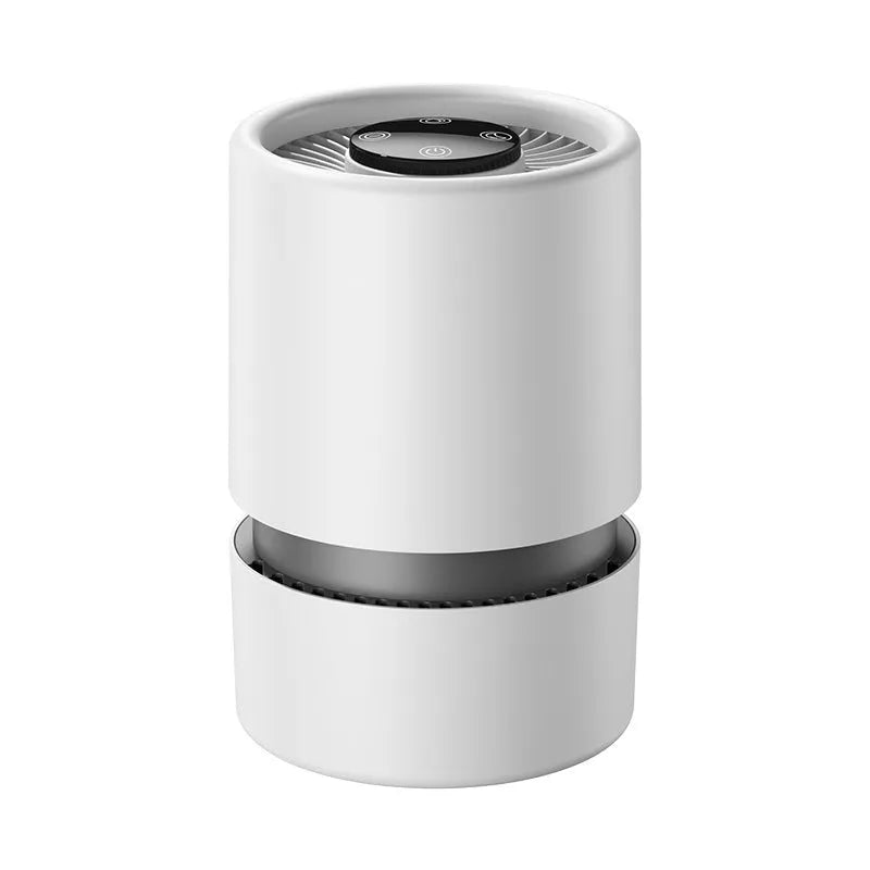 White desktop air purifier model EJ-JHQ101 with USB cable on a table.