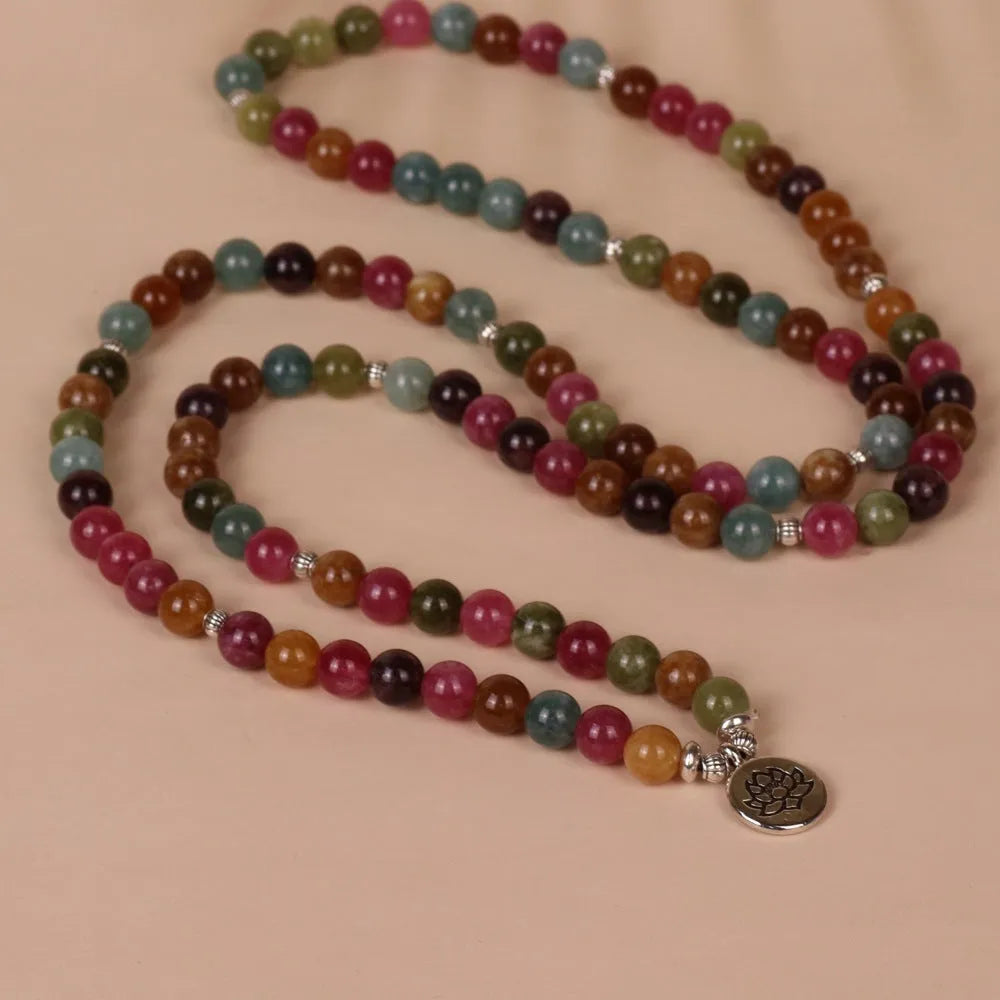 Multi-layer beaded bracelet with 108 tourmaline stones in string lotus hanging pattern on alloy framework