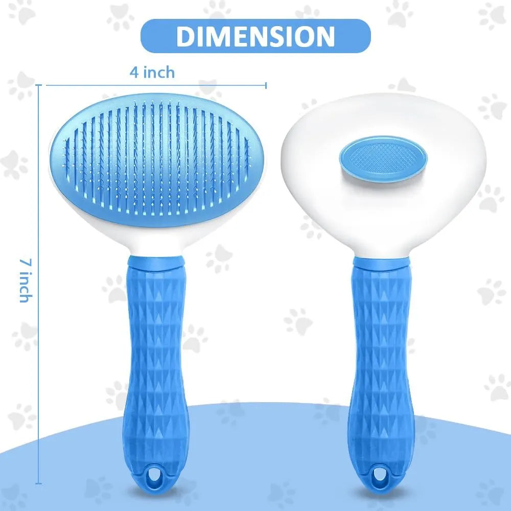 Blue cat grooming brush with release button and fine wire bristles for removing loose pet hair