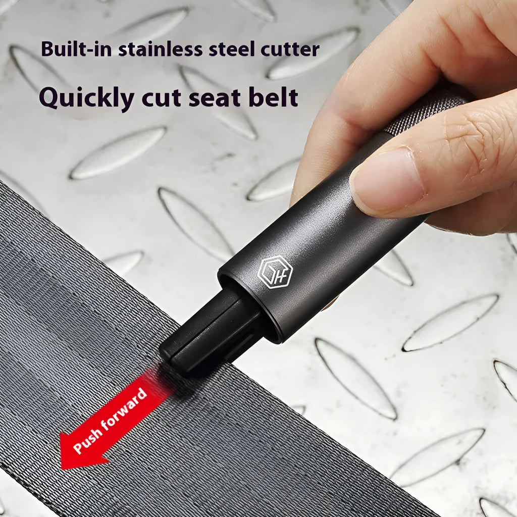 Gun grey aluminium alloy car safety hammer with bearing steel impact head and seatbelt cutter