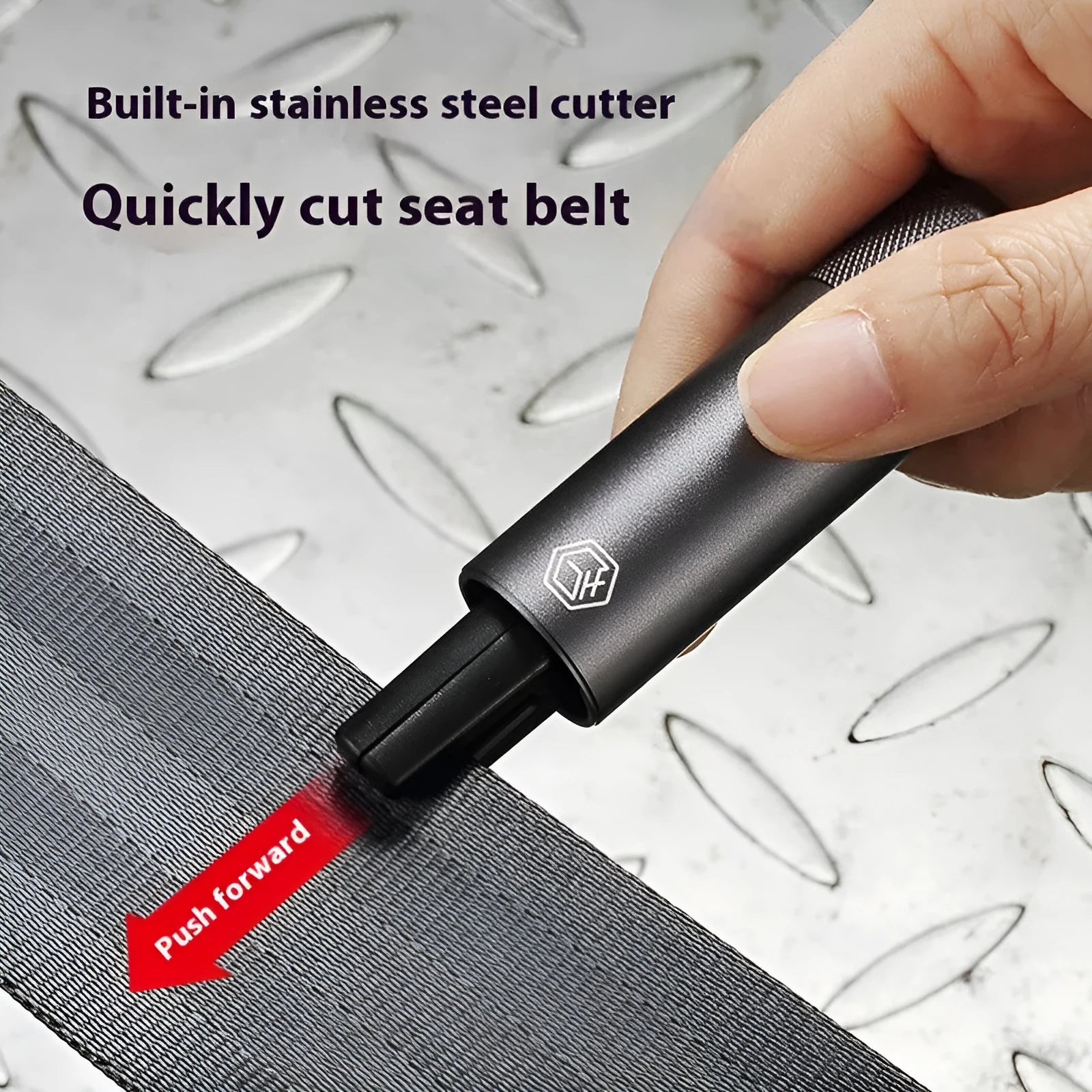 Gun grey aluminium alloy car safety hammer with bearing steel impact head and seatbelt cutter