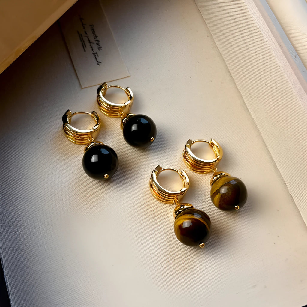 Gold plated geometric tigereye earrings in French retro style for women