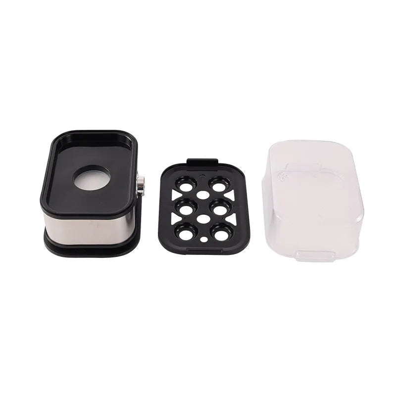 Black stainless steel mini portable egg boiler on a white background.