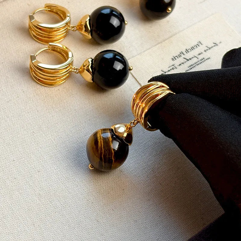 Gold plated geometric tigereye earrings in French retro style for women