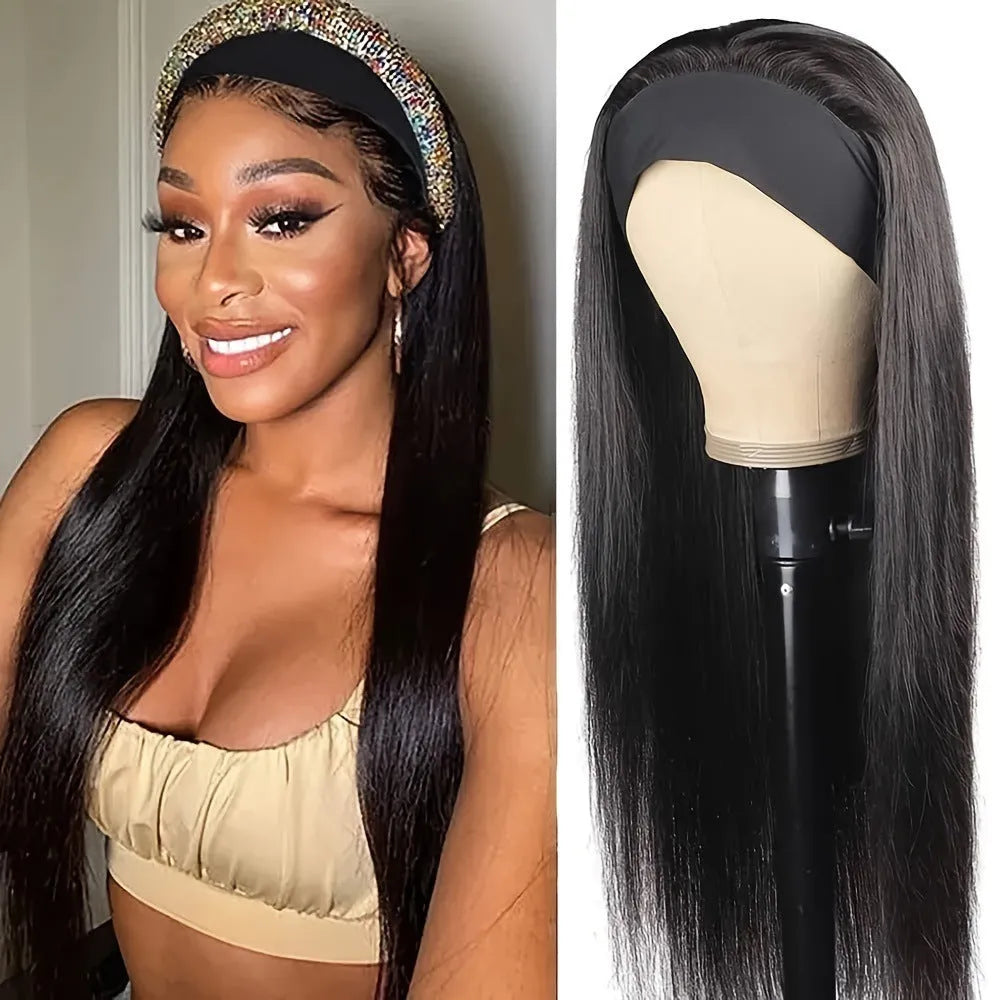 Headband wig with long straight black hair showing integrated headband design