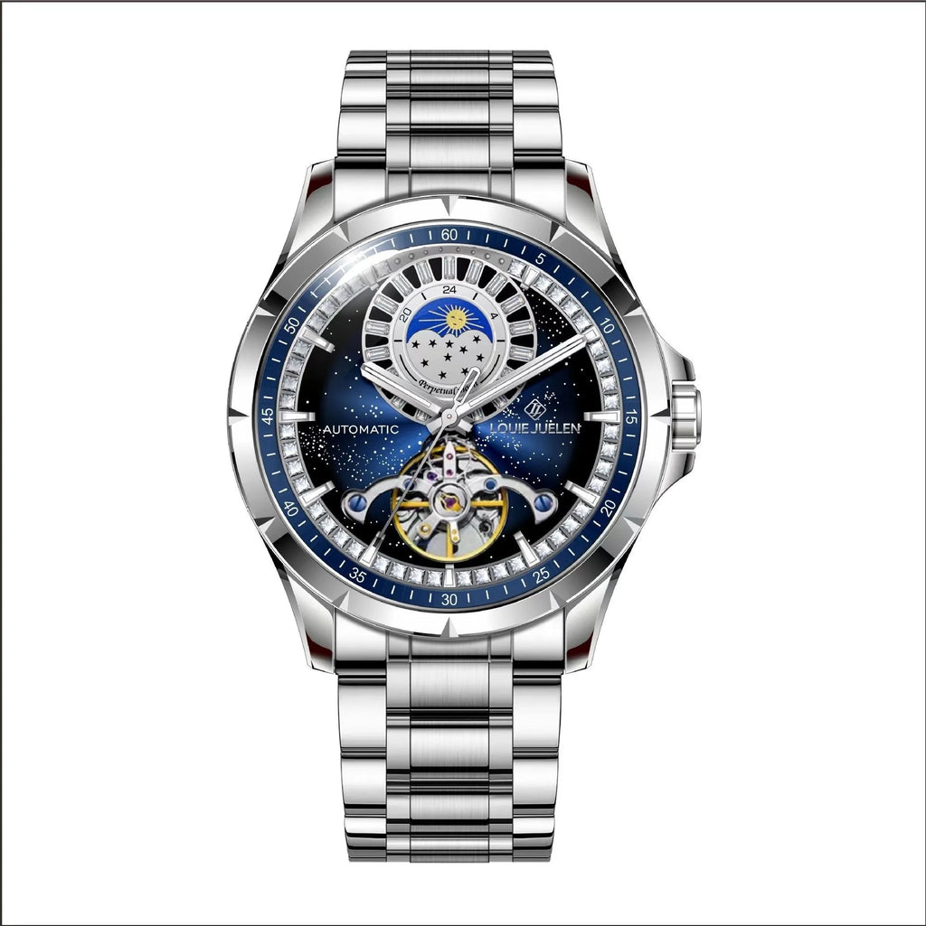Men's silver alloy automatic business watch with blue dial and stainless steel strap showing waterproof design