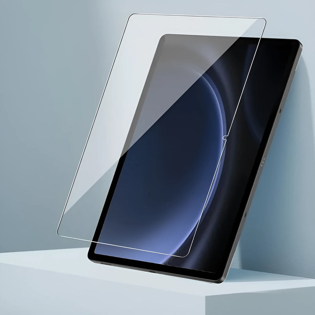 Tempered glass screen protector for Samsung Galaxy tablet next to a cattle leather storage pouch.