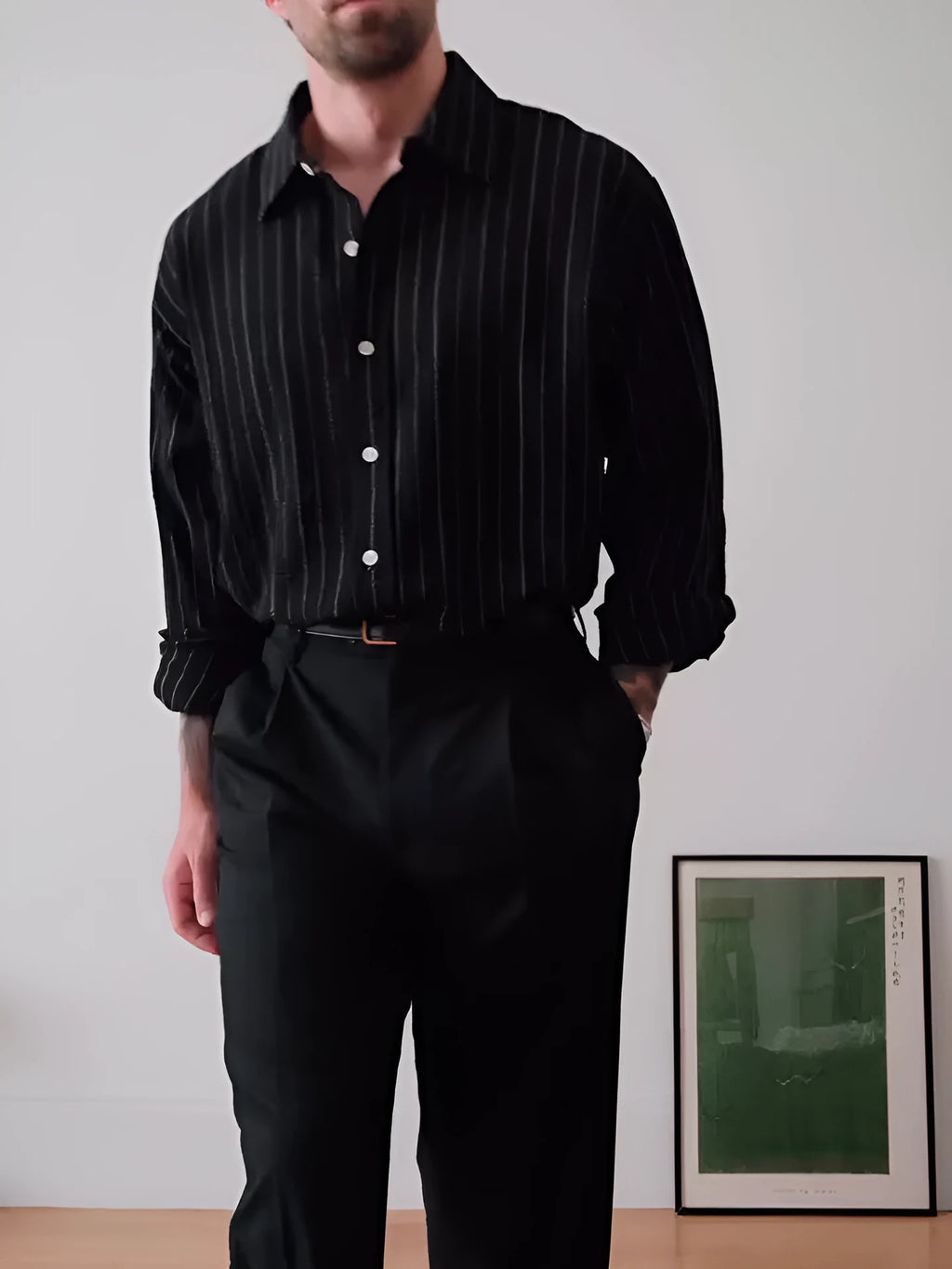 Black pinstriped button-down shirt with regular fit on mannequin