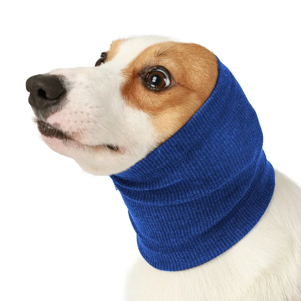 Blue and grey polyester dog comforter headband scarf in S, M, L sizes for pet comfort