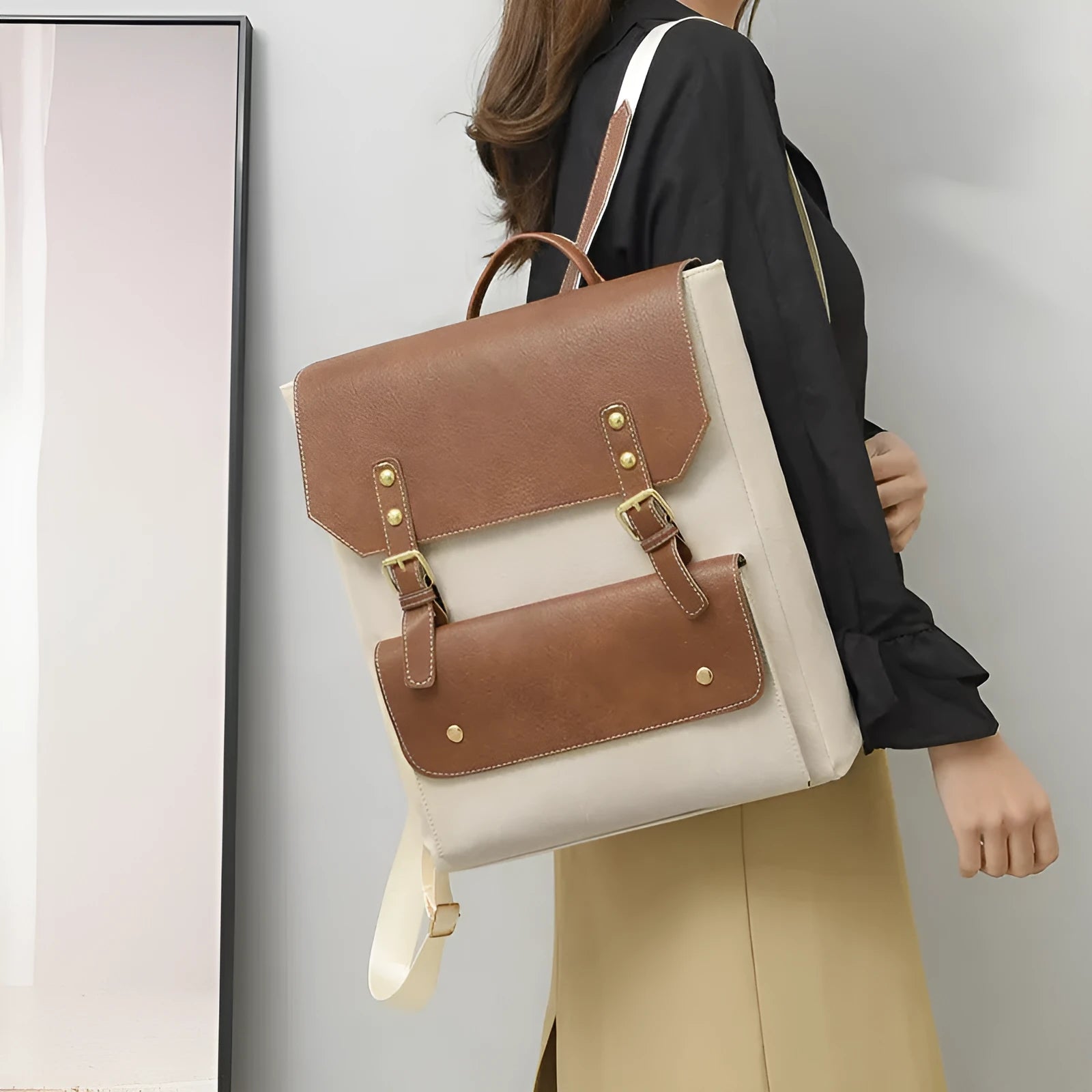 Korean style retro backpack in soft PU leather showing ventilation design