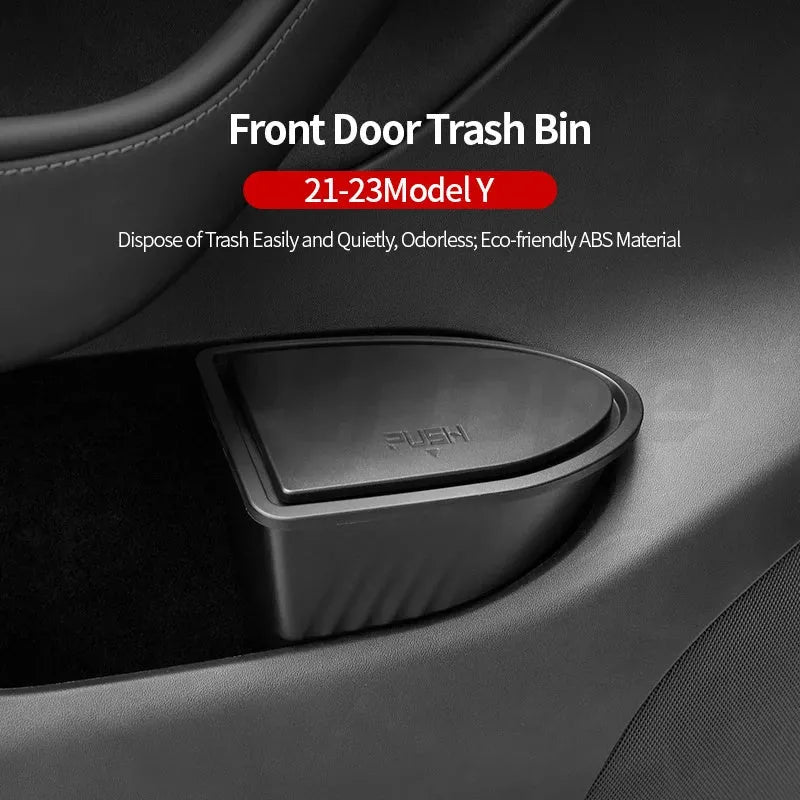 Black ABS plastic car door trash can designed for Tesla Model Y front door storage