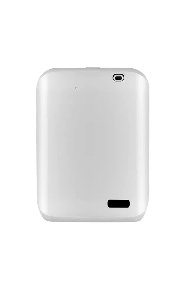 HVAC wall mount diffuser with app control in white or black colour, showing dimensions and plug adapter options