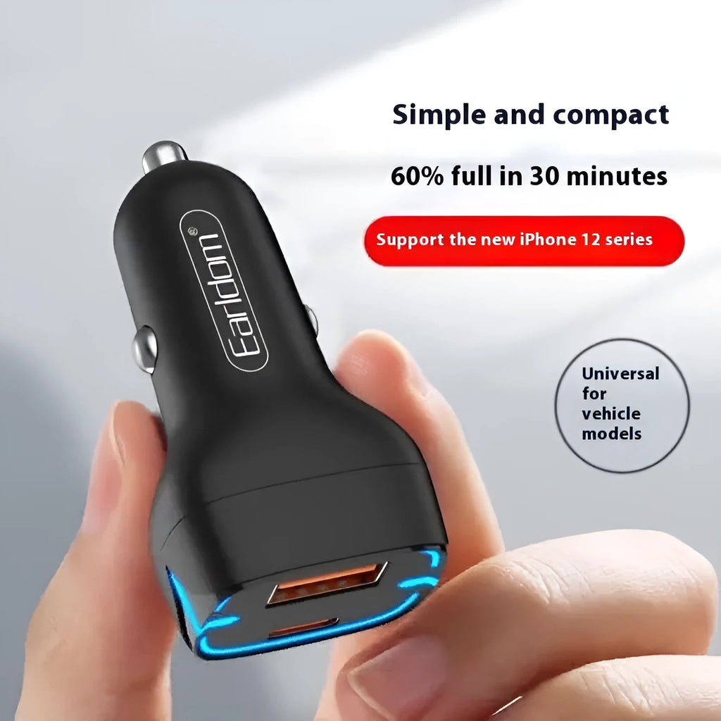 Black car charger with QC3.0 fast charging and PD USB output for cigarette lighter socket