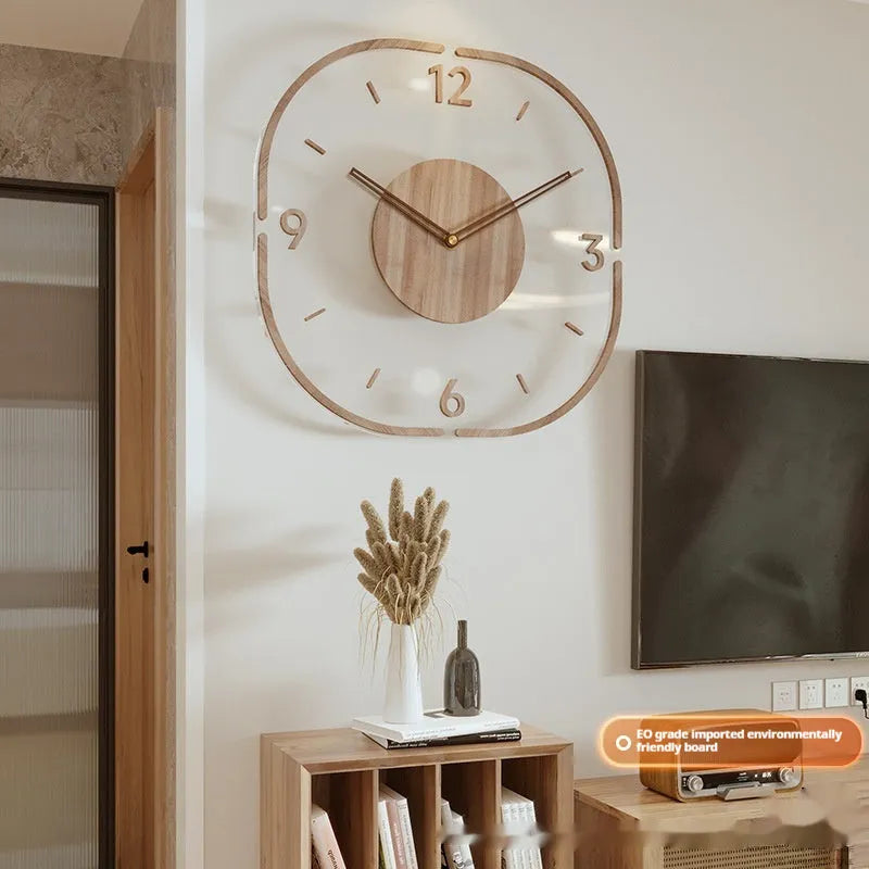 35cm square transparent wall clock with wooden frame in modern design