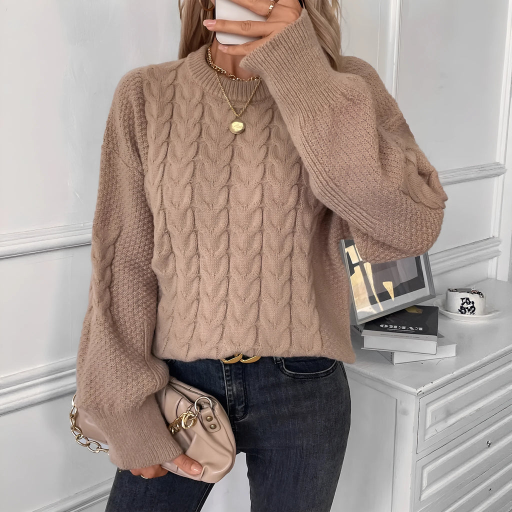 Women's loose casual pullover sweater in solid khaki colour with round neck and regular sleeves