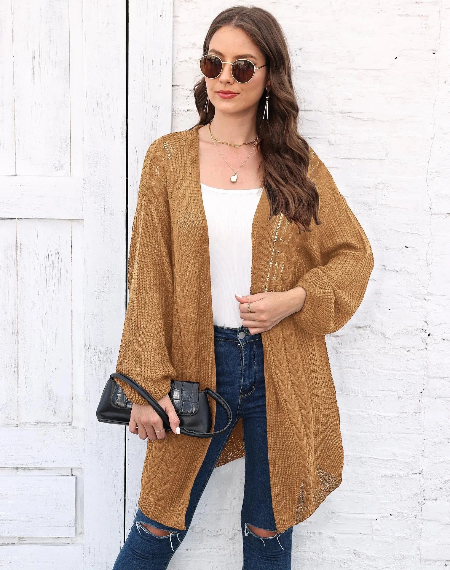 Women's loose casual acrylic cardigan in army green, shown front-on